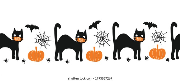 Halloween Black Cat Wearing Face Mask Seamless Vector Border. Coronaruvis Halloween 2020 Repeating Pattern. Cute Hand Drawn Kids Illustration For Fabric Trim, Cards, Party Invitations, Footer, Header
