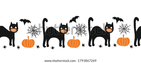 Halloween black cat wearing face mask seamless\
vector border. Coronaruvis Halloween 2020 Repeating pattern. Cute\
hand drawn kids illustration for fabric trim, cards, party\
invitations, footer,\
header