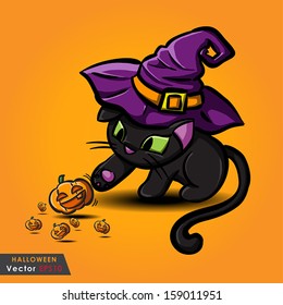 Halloween black cat wearing witches hat and pumpkin vector