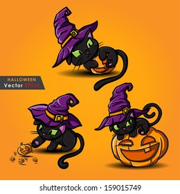 Halloween black cat wearing witches hat and pumpkin vector