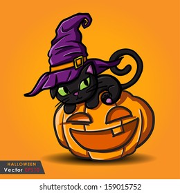 Halloween black cat wearing witches hat and pumpkin vector