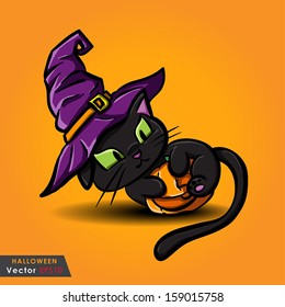 Halloween black cat wearing witches hat and pumpkin vector