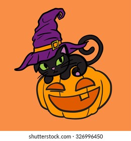 Halloween black cat wearing witches hat and pumpkin vector
