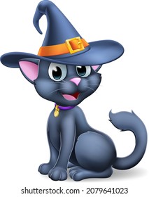 A Halloween black cat wearing a witchs hat cartoon character