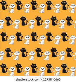 Halloween black cat & white cat in orange background seamless pattern vector.