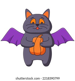 Halloween black cat with wings .A scared cat. The cat is holding a pumpkin in his hands.Frightened kitty.Hand drawn illustration.Isolated on white background.
