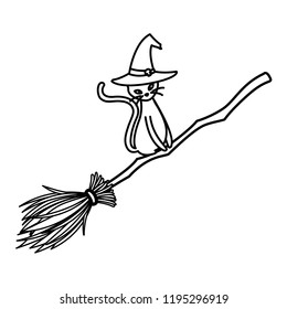 halloween black cat with witch broom