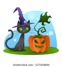 Halloween black cat in witch hat sitting with evil pumpkin. Vector animal isolated on white background.