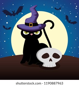 halloween black cat with witch hat and skull