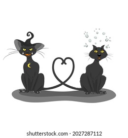 Halloween black cat in a witch hat making long tail in a heart shape with a drunk black cat, in love theme of halloween party night