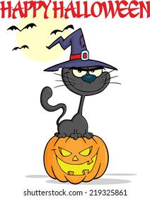 Halloween Black Cat With A Witch Hat On Pumpkin Cartoon Character And Text
