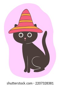 Halloween black cat in witch hat in hippie groovy style