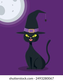 Halloween black cat with witch hat and full moon. Vector illustration.