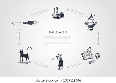 Halloween - black cat, witch, poison, potion, broom, spell vector concept set. Hand drawn sketch isolated illustration