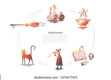 Halloween - black cat, witch, poison, potion, broom, spell vector concept set