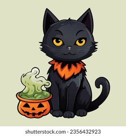 Halloween black cat with witch potion cauldron. Trendy hand drawn graphic. Cartoon style vector illustration. Decoration for Halloween party poster, greeting card, flyer, banner. Clip-art.