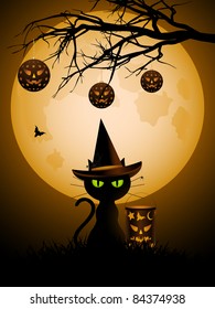 Halloween black cat with witch's hat sitting next to a lantern under spooky branches with lanterns