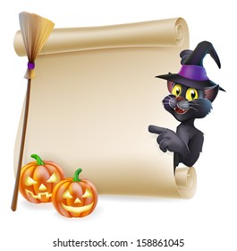 A Halloween black cat in witch's pointed hat pointing at the sign. Also with witch broom and carved pumpkins.