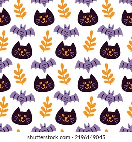Halloween Black cats, Bats Silhouettes, Vector Seamless Pattern Texture. Hand drawn design for baby clothes, nursery textile, kids wrapping paper. Halloween printable print, vintage repeat background