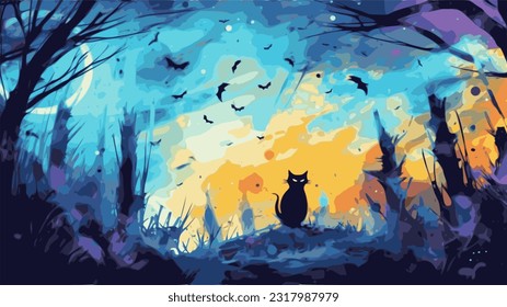 Halloween black cats spooky scene wallpaper, in the style of dark sky - blue and violet, vibrant watercolor