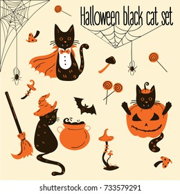 Halloween black cats. Trick or treat objects