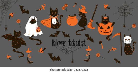 Halloween black cats. Trick or treat objects