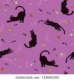 Halloween Black Cats Vector Pattern, Hand Drawn Seamless Cat Fish Bones Silhouette Illustration for Season Fashion Prints, Animal Stationery, Purple Party Decor, Holiday Gift Wrap and Feline Costumes