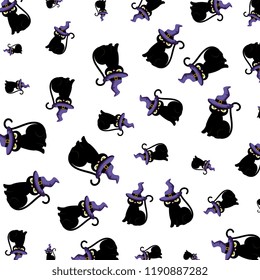 halloween black cats with witch hat pattern