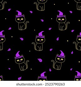 Halloween Black Cats with Witch Hats Pattern