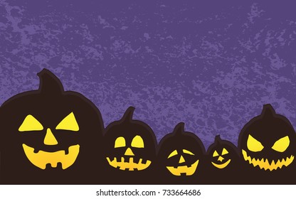 Halloween black character pumpkins glowing from inside with a purple textured background. Hand drawn vector illustration