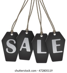 Halloween black coffin shaped tags sale announcement vector template. Black Friday flyer design.