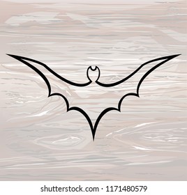 Halloween. The black contour of the bat is flying. Linocut Silhouette. Vector illustration on wooden background.