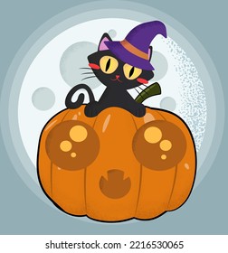Halloween black cute cat is sitting on a cartoon pumpkin on the background of the moon. Holiday, full moon. Spring illustration