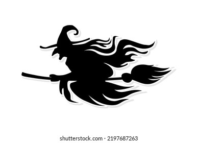 Halloween black element. Silhouette of scary witch in hat flying on broomstick. Vector on transparent background
