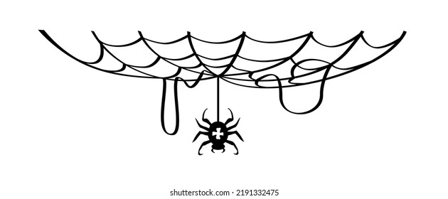 Halloween Black element. Spider hangs down from the web. Vector on transparent background