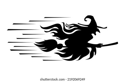 Halloween black element. Witch silhouette flying on broom. Vector on transparent background