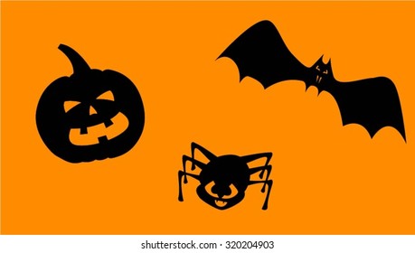 Halloween black elements on orange background - bat, pumpkin and spider - vector illustration set