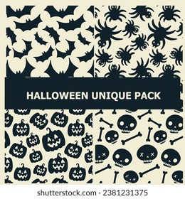 Halloween schwarzes festliches, nahtloses Muster. Endloser Hintergrund mit Kürbis, Schädeln, Fledermäusen, Spinnen, Geistern, Knochen - Grafiken mit K