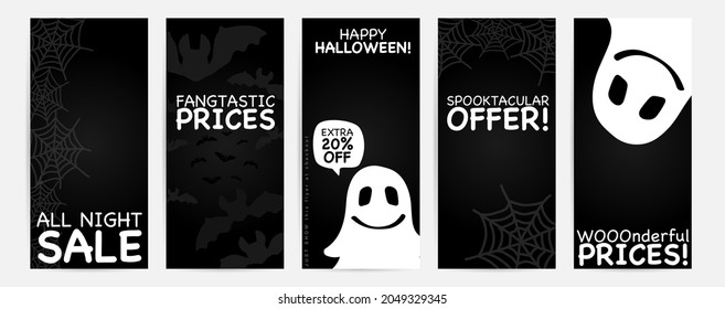 Halloween black flyer template set with pun word play spooky phrases: spooktacular offer, fangtastic and wooonderful prices. Cute ghost, bat, spider web clipart images arranged on dark background.