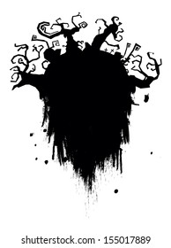 Halloween black flying landscape with scary trees, vector silhouette