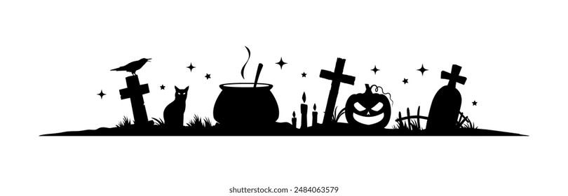 Halloween black frame border and divider adorned with eerie ravens, black cat, witch cauldron and spooky pumpkin face on cemetery with gravestones and crosses. vector sinister, creepy embellishments