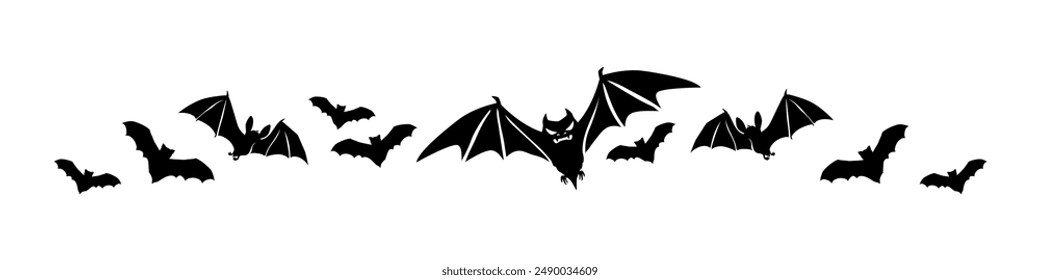 Halloween black frame border and divider adorned with spooky flying bats creates an eerie mood, setting a haunting tone for the season. Vector element adding a creepy touch to designs and decorations