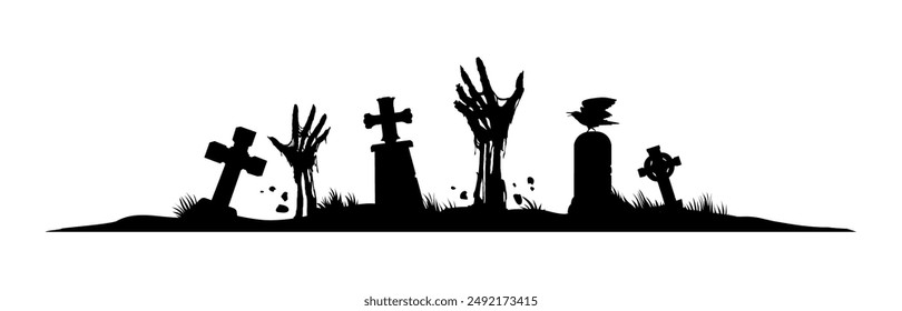 Halloween-Rahmen und Trenner mit Zombie-Händen, für Horror-Feiertag Web Banner oder Seite. Vektorgrafik mit Silhouetten von gruseligen Friedhof, Grabsteinen und Zombie-Händen, die aus Gräbern aufsteigen