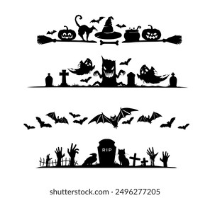 Halloween black frame border and dividers. Halloween holiday, witchcraft party or fall season horror vector separator or spacer with witch hat, cat, pumpkin and ghost, bats on cemetery, stump monster