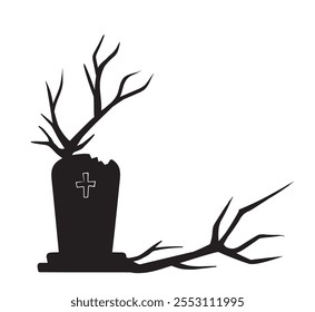 Halloween black frame. Cemetery with branches silhouettes. International holiday of fear horror. Graveyard and tombstone. Linear vector illustration isolated on white background