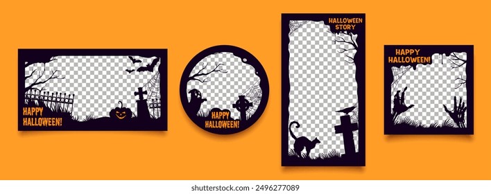 Halloween black frame social media templates with trick or treat holiday monsters vector silhouettes. Horror pumpkin, ghost, bats and zombie hands, cemetery, cat, raven and spider web border lines