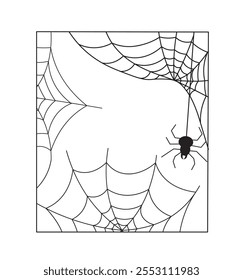 Moldura preta de Halloween. Aranha na teia. Feriado internacional do terror do medo. Vinheta assustadora e assustadora. Modelo e layout. Ilustração de vetor linear isolada no plano de fundo branco