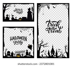 Halloween black frame templates for social media and storytelling. Vector silhouettes of witch, ghost, bats and cemetery, trick or treat horror night pumpkin, castle and spiders frame border lines