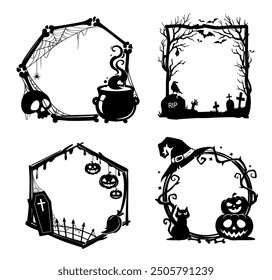 Halloween black frames. Isolated vector scary holiday borders with creepy pumpkin faces, skulls, spiderweb and witch hat, black cat, crows or bats and cemetery, tree branches, coffin silhouettes