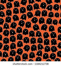 Halloween black ghost and orange background cartoon style random repeat seamless pattern 